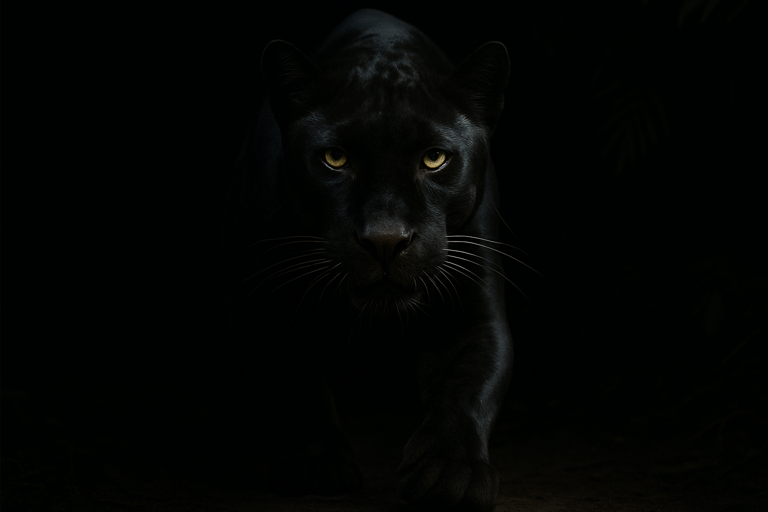A melanistic black jaguar emerging from rainforest darkness, golden eyes glowing